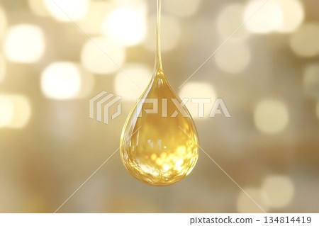 Close-up 3D render single drop of shiny yellow oil 134814419