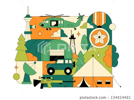 Military Army Forces Vector Illustration Featuring Soldiers, Weapons, Tanks, Heavy Protective Equipment In Flat Style Cartoon Background 134814481