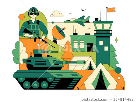Military Army Forces Vector Illustration Featuring Soldiers, Weapons, Tanks, Heavy Protective Equipment In Flat Style Cartoon Background Military Army Forces Vector Illustration Featuring Soldiers, Weapons, Tanks, Heavy Protective Equipment In Flat Style Cartoon Background 134814482
