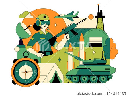 Military Army Forces Vector Illustration Featuring Soldiers, Weapons, Tanks, Heavy Protective Equipment In Flat Style Cartoon Background Military Army Forces Vector Illustration Featuring Soldiers, Weapons, Tanks, Heavy Protective Equipment In Flat Style Cartoon Background 134814485