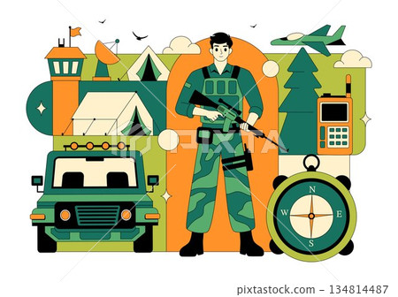 Military Army Forces Vector Illustration Featuring Soldiers, Weapons, Tanks, Heavy Protective Equipment In Flat Style Cartoon Background 134814487