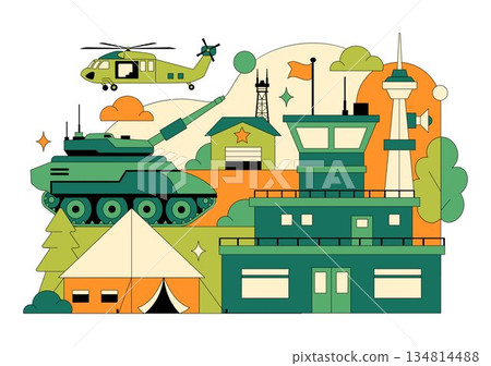 Military Army Forces Vector Illustration Featuring Soldiers, Weapons, Tanks, Heavy Protective Equipment In Flat Style Cartoon Background 134814488