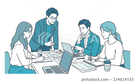 Illustration of a business team meeting in serious discussion: planning, reviewing, and problem-solving (created by AI) 134814535