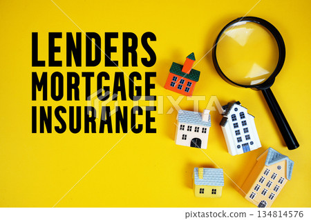 LMI Lenders Mortgage Insurance text with house models and magnifying glass on yellow background LMI Lenders Mortgage Insurance text with house models and magnifying glass on yellow background 134814576