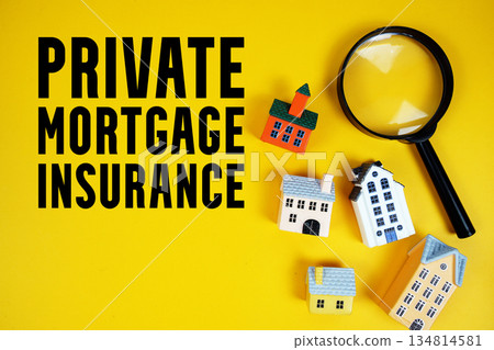 PMI Private Mortgage Insurance text with house models and magnifying glass on yellow background PMI Private Mortgage Insurance text with house models and magnifying glass on yellow background 134814581
