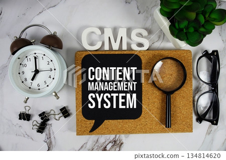 CMS - Content Management System acronym with alarm clock and magnifying glass, business concept background CMS - Content Management System acronym with alarm clock and magnifying glass, business concept background 134814620