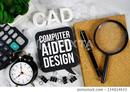 CAD - Computer Aided Design acronym with calculator, alarm clock and magnifying glass, Business concept background 134814633