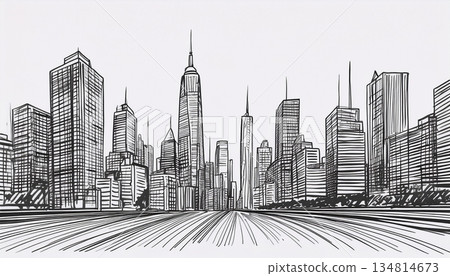摩天大樓群的簡單線條畫插圖 摩天大樓群的簡單線條畫插圖 134814673