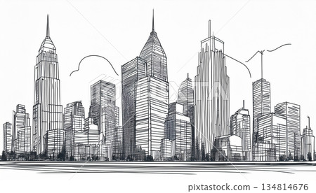 摩天大樓群的簡單線條畫插圖 134814676
