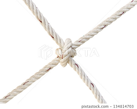Hemp rope with knot on white background. 134814703