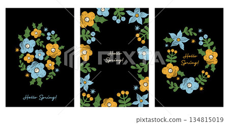 Spring Floral Card set. Crayon Yellow Blue Flowers on Black Background. Textured Hand-Drawn Chalk Drawings. Isolated Pattern Frames posters. Vertical Vector illustration. Not AI Spring Floral Card set. Crayon Yellow Blue Flowers on Black Background. Textured Hand-Drawn Chalk Drawings. Isolated Pattern Frames posters. Vertical Vector illustration. Not AI 134815019