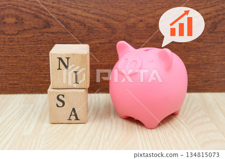 Investment image concept of NISA, piggy bank and rising graph. Investment image concept of NISA, piggy bank and rising graph. 134815073