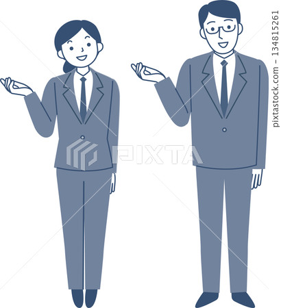 一位年輕女子和一位穿著西裝的男子正在指路 134815261