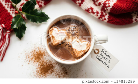 Hot Chocolate with Heart Marshmallows Top View 134815289