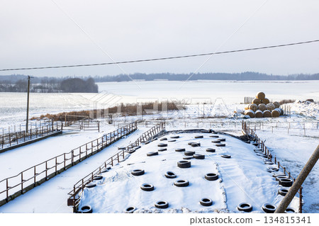Frozen waterfront with rustic elements, Snowy industrial landscape with rural tranquility Frozen waterfront with rustic elements, Snowy industrial landscape with rural tranquility 134815341