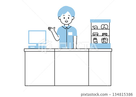 一幅極簡風格的插圖,描繪了一位便利商店男店員為顧客服務。 一幅極簡風格的插圖,描繪了一位便利商店男店員為顧客服務。 134815386