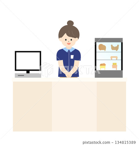 一位微笑的便利商店女店員站在收銀台前。 134815389