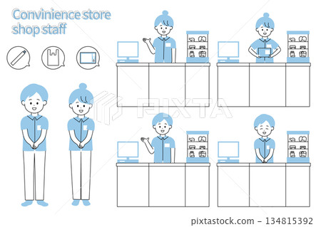 Convenience store clerk work scene illustration set - simple and minimalist illustrations Convenience store clerk work scene illustration set - simple and minimalist illustrations 134815392