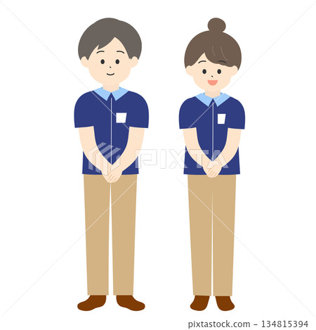 Full-body illustration of male and female store clerks wearing collared uniforms 134815394