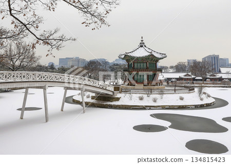 Gyeongbokgung palace covered in snow. Seoul. South Korea. Gyeongbokgung palace covered in snow. Seoul. South Korea. 134815423