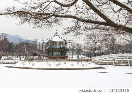 Gyeongbokgung palace covered in snow. Seoul. South Korea. Gyeongbokgung palace covered in snow. Seoul. South Korea. 134815426