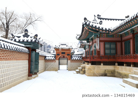 Gyeongbokgung palace covered in snow. Seoul, South Korea. Gyeongbokgung palace covered in snow. Seoul, South Korea. 134815469