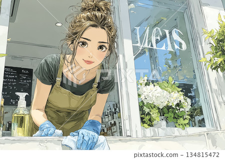 Illustration of a female salon staff member cleaning windows before opening 134815472
