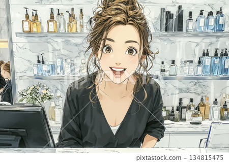 圖解：一位女美髮店員工正在收銀台禮貌地為顧客服務。 134815475