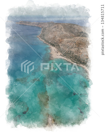 Scenic Balos lagoon in Crete with turquoise water. Digital watercolor illustration on texture Scenic Balos lagoon in Crete with turquoise water. Digital watercolor illustration on texture 134815711