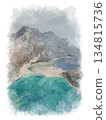 Scenic Balos lagoon in Crete with turquoise water. Digital watercolor illustration on texture 134815736