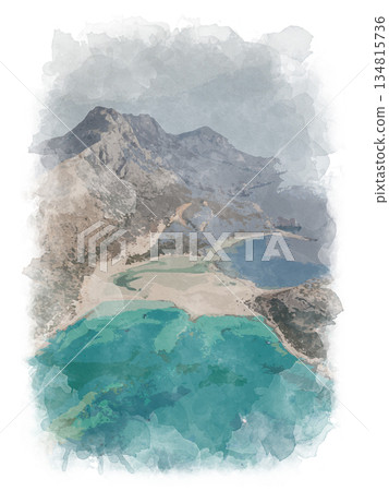 Scenic Balos lagoon in Crete with turquoise water. Digital watercolor illustration on texture 134815736