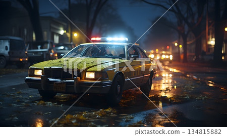 雨夜,城市裡停著一輛警車,警燈閃爍,氣氛緊張。 雨夜,城市裡停著一輛警車,警燈閃爍,氣氛緊張。 134815882