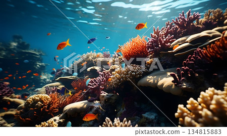 一個充滿色彩繽紛的珊瑚和魚類的水下世界 134815883