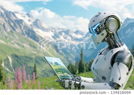 Robot artist creating a landscape painting in a vibrant outdoor setting surrounded by natural scenery and mountains 134816094