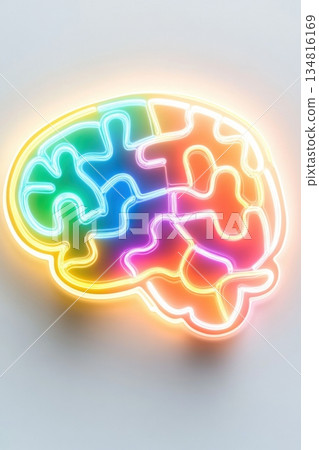 Colorful puzzle pieces form a glowing brain, representing diverse cognitive abilities and unique thought processes, illuminated by vibrant neon lights Colorful puzzle pieces form a glowing brain, representing diverse cognitive abilities and unique thought processes, illuminated by vibrant neon lights 134816169