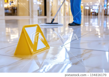 Janitor mops marble floor of shopping mall while ensuring safety with wet floor sign nearby Janitor mops marble floor of shopping mall while ensuring safety with wet floor sign nearby 134816170