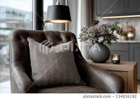 Cozy luxurious modern living room interior, elegant home decor in calm and neutral colors Cozy luxurious modern living room interior, elegant home decor in calm and neutral colors 134816192