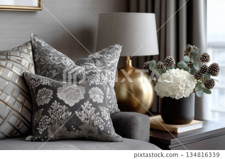 Cozy luxurious modern living room interior, elegant home decor in calm and neutral colors 134816339