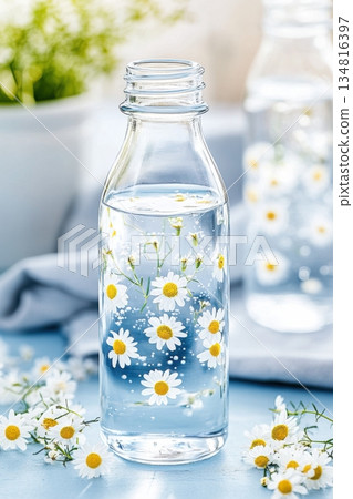 Eco-friendly still life featuring herbal-infused water in a glass bottle with chamomile flowers on a linen napkin 134816397