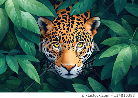 Majestic jaguar navigates through dense jungle foliage with glowing golden eyes under dappled sunlight 134816398