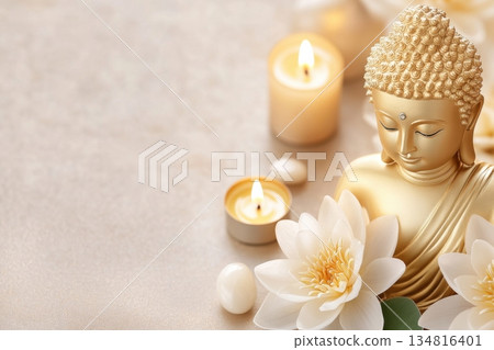 Serene golden Buddha statue surrounded by flickering candles and fresh lotus flowers in a tranquil temple setting bathed in soft golden light 134816401