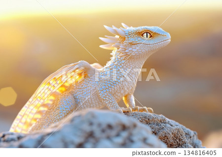 Majestic ancient dragon with iridescent scales perched on a mountain peak illuminated by golden sunlight Majestic ancient dragon with iridescent scales perched on a mountain peak illuminated by golden sunlight 134816405