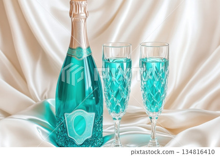 Luxurious turquoise sparkling wine with crystal glasses set on shimmering white silk Luxurious turquoise sparkling wine with crystal glasses set on shimmering white silk 134816410