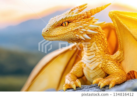 Majestic ancient dragon with iridescent scales perched on a mountain peak under golden sunlight 134816412
