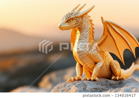 Majestic ancient dragon with iridescent scales perched on a mountain peak under golden sunlight at dusk Majestic ancient dragon with iridescent scales perched on a mountain peak under golden sunlight at dusk 134816417