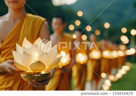 Procession of Buddhist followers engaged in candlelit ceremony at temple while chanting and carrying lotus flowers Procession of Buddhist followers engaged in candlelit ceremony at temple while chanting and carrying lotus flowers 134816429