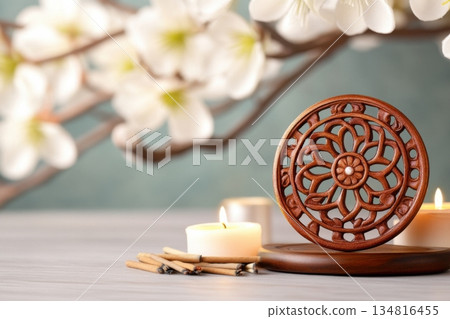 Intricately carved golden Dharma Wheel on an altar surrounded by incense and candles in a tranquil Buddhist setting 134816455