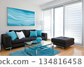 Modern living room design featuring turquoise accents, minimalist decor, and ample natural light for a bright atmosphere 134816458