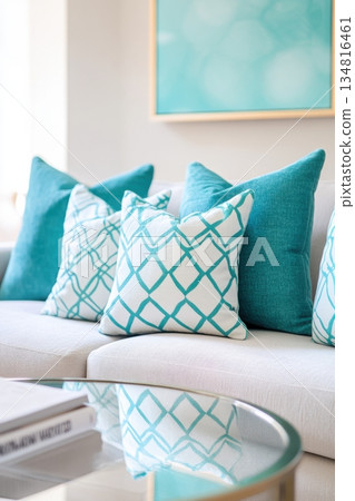 Modern living room featuring turquoise accents and stylish decor elements for a vibrant and inviting atmosphere Modern living room featuring turquoise accents and stylish decor elements for a vibrant and inviting atmosphere 134816461