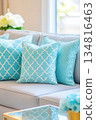 Modern living room featuring turquoise accents and stylish decor for a refreshing and inviting atmosphere 134816463